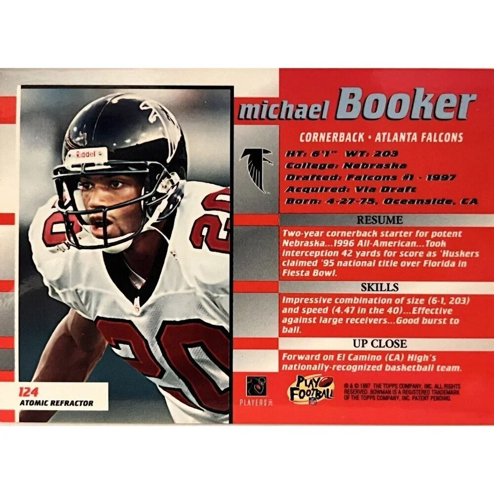 1997 Bowman's Best Atomic Refractor Michael Booker Rookie #124 Atlanta Falcons - Picture 2 of 2